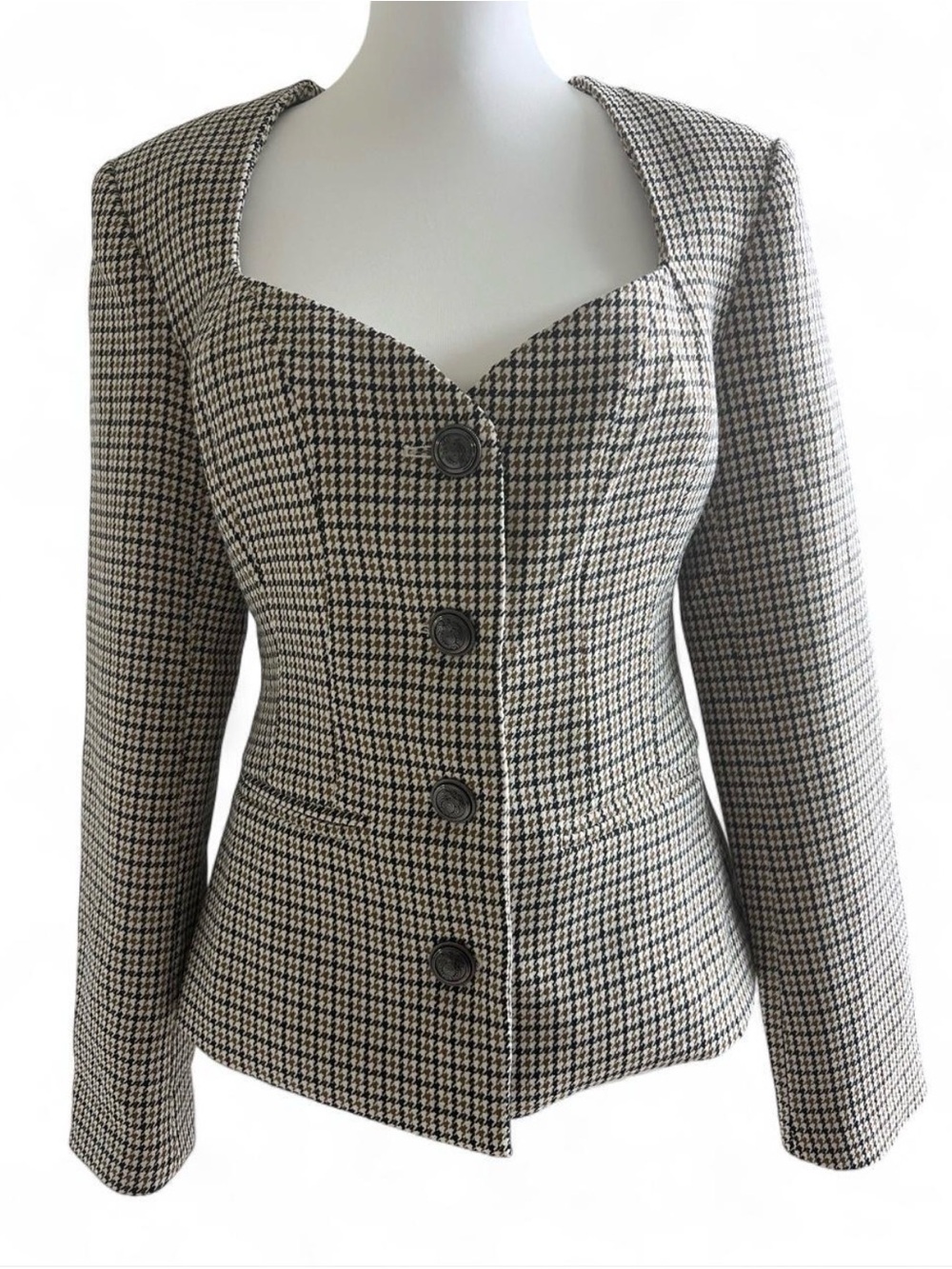 Commense Houndstooth Sweetheart Neckline Button Blazer Top Medium Brown White